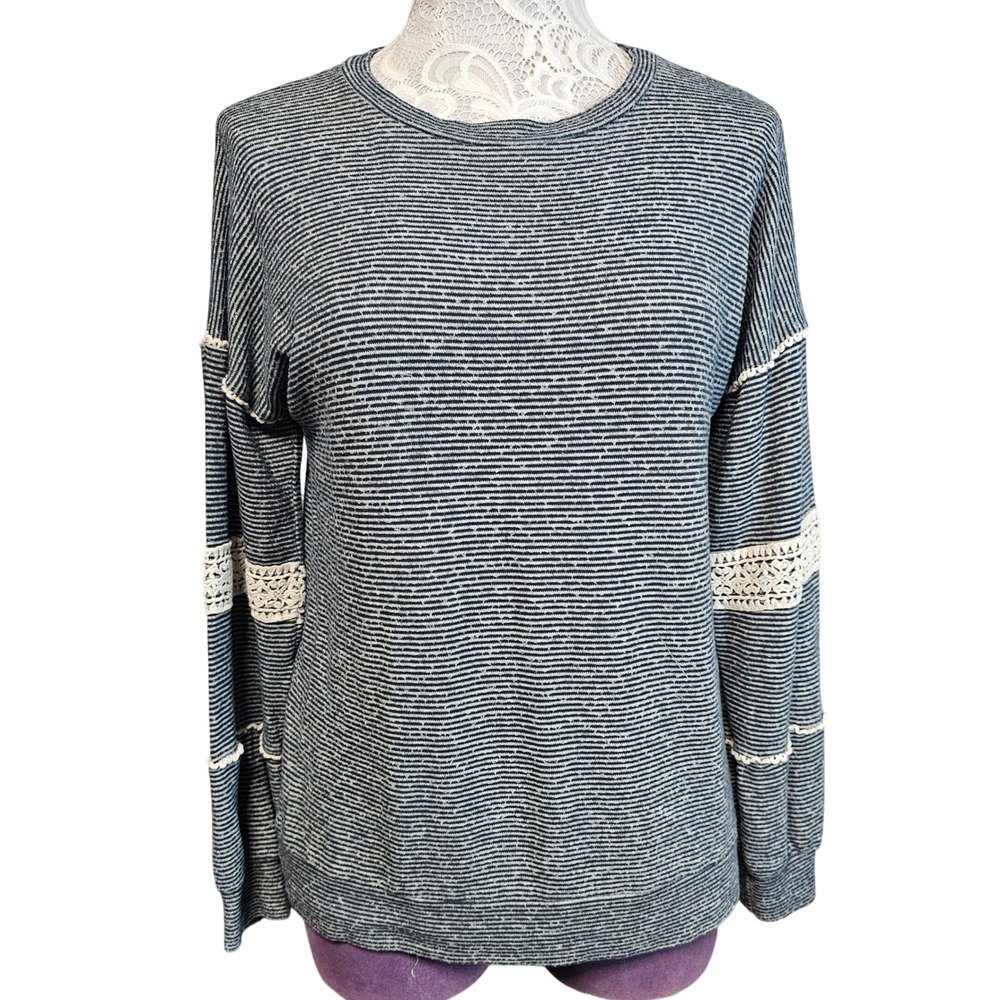 Flamingo Striped Lace Trim Long Sleeve Top Women's Size L